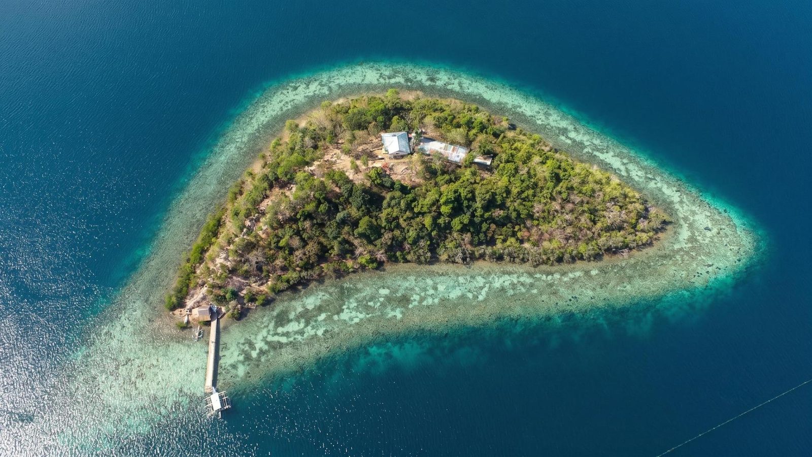 Top-down aerial view of Nici Island showing its forested teardrop shape and surrounding coral reef