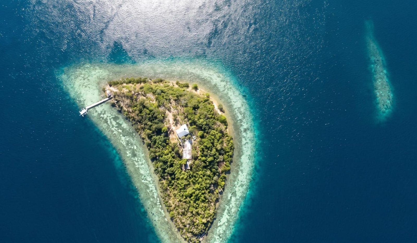 Aerial view of Nici Island from an angle, showing the reef and a second small reef nearby