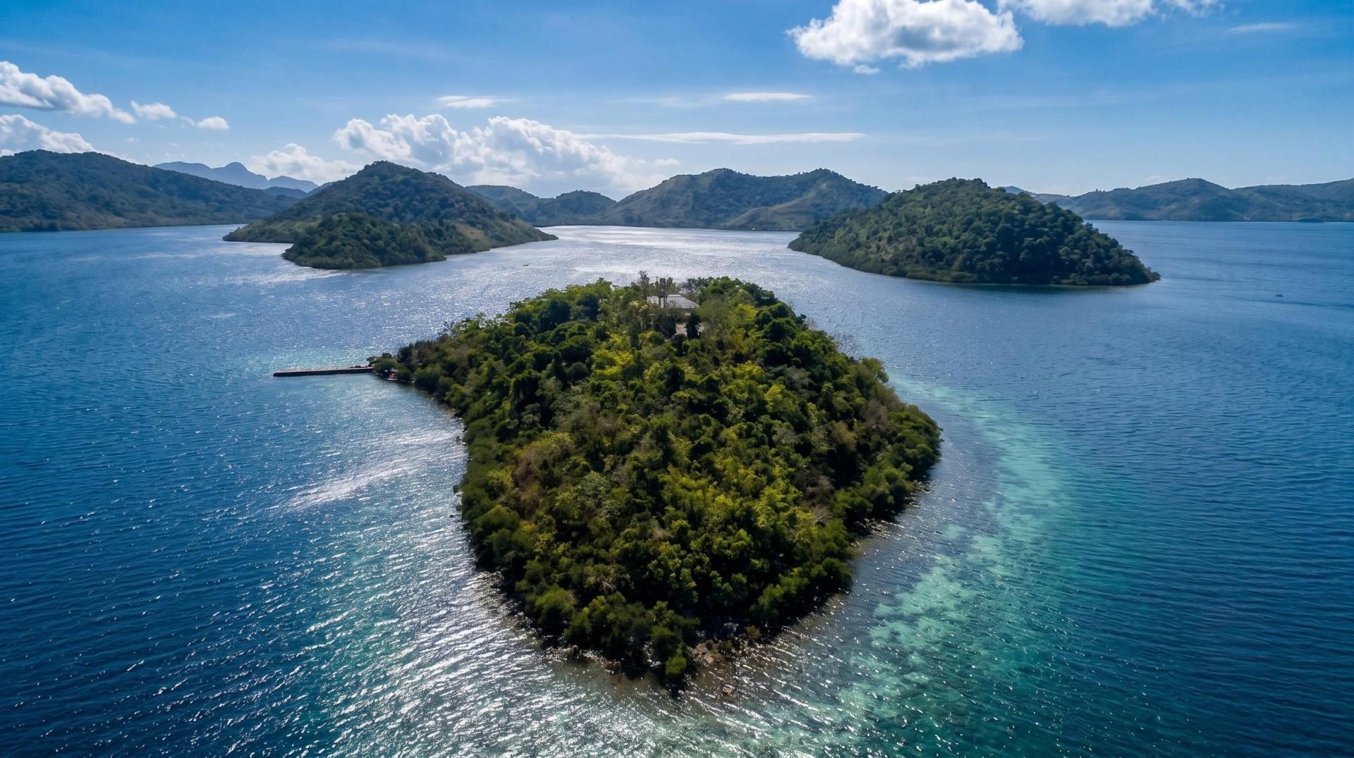 Wide aerial view of the small forested island sitting between the mountains of Palawan